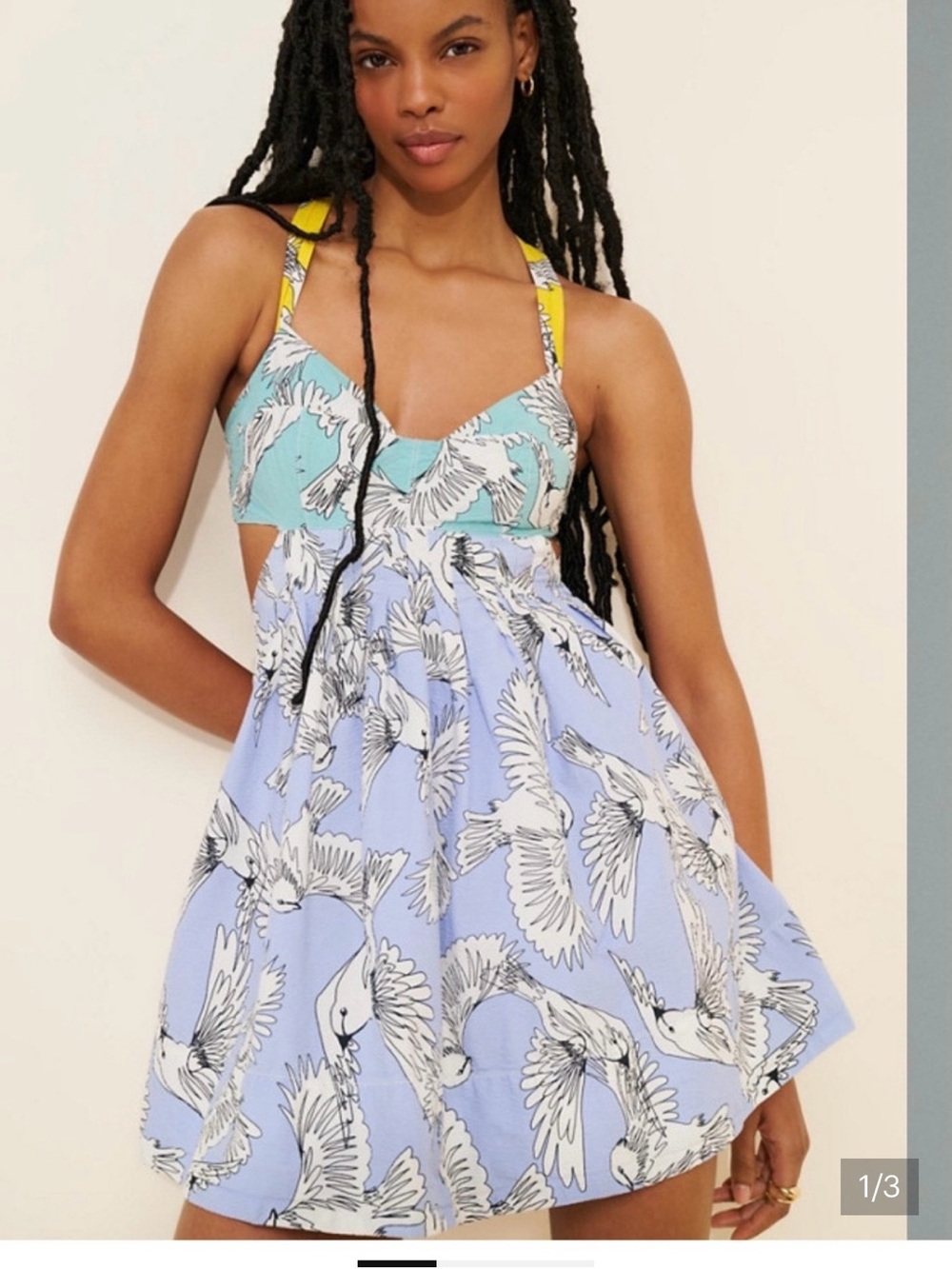 Maeve Blue & Mint Bird Print Mini Dress with Yellow Straps